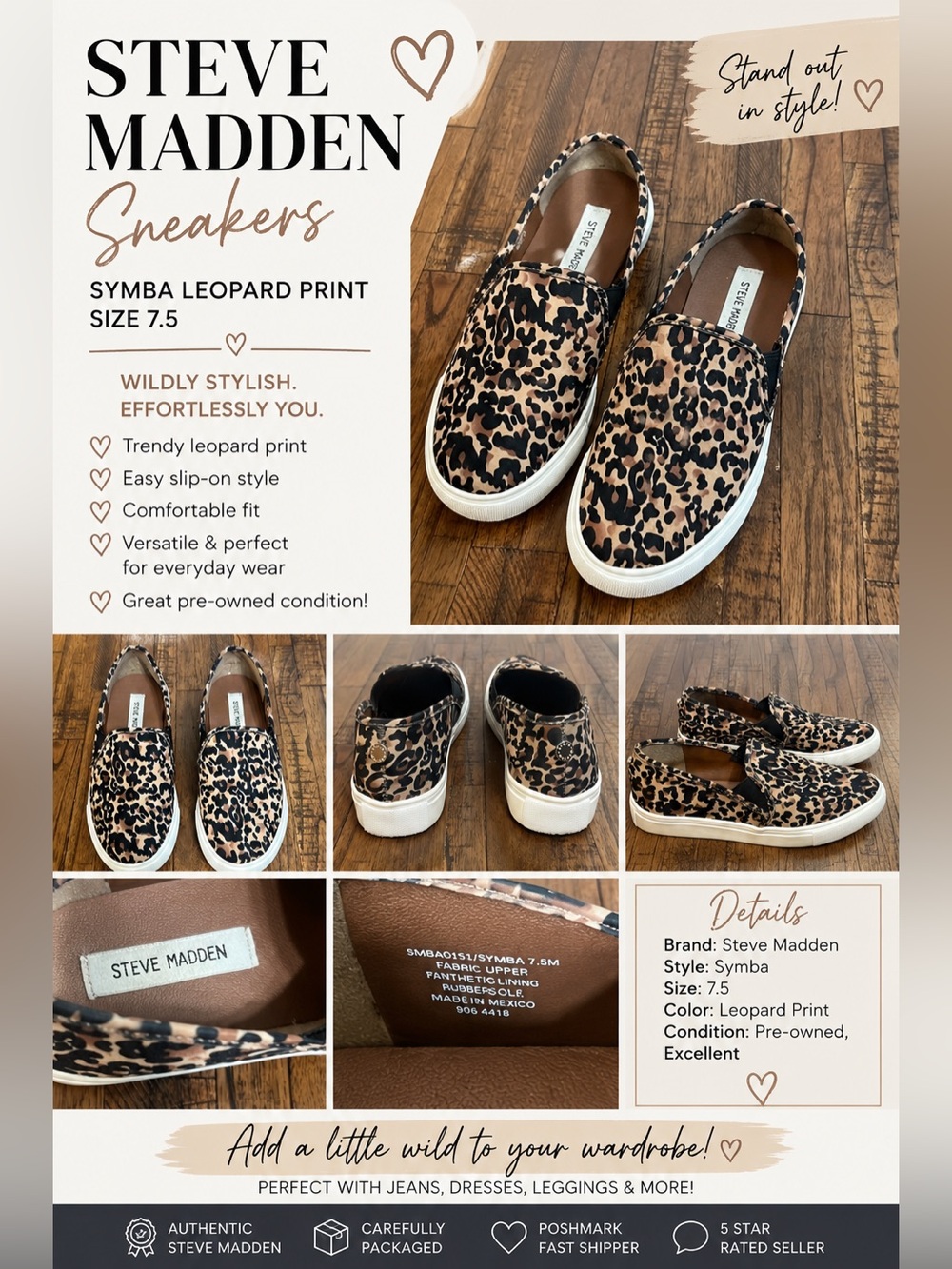 Steve Madden Sneakers Symba Leopard print flats size 7.5